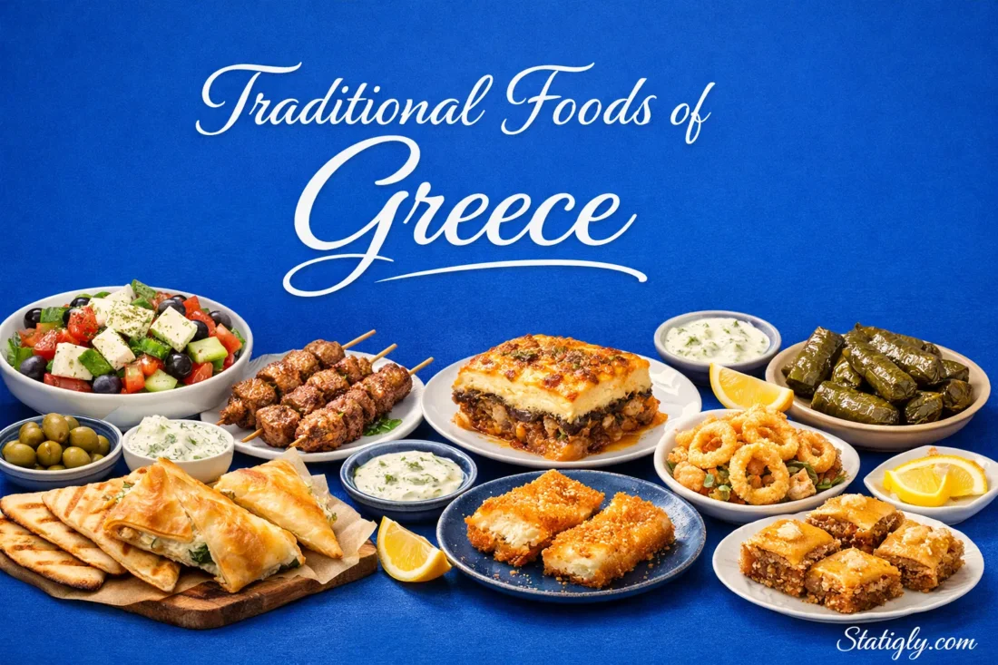 Traditional foods of Greece showcase delicious Mediterranean dishes like souvlaki, moussaka, and fresh seafood.