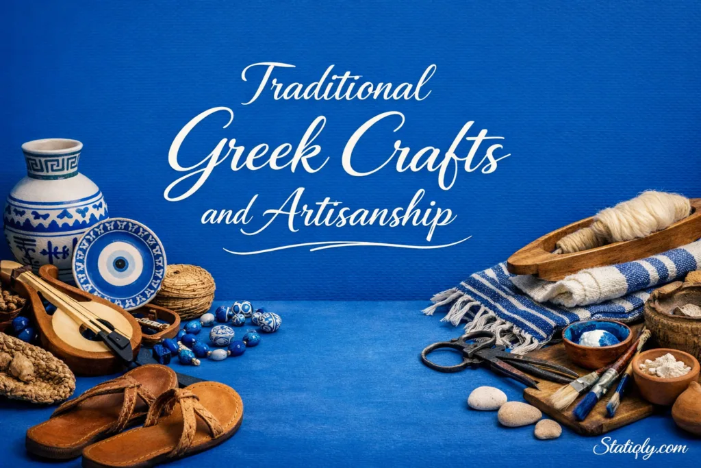 Vibrant collection of traditional Greek crafts and artisanship showcasing handmade jewelry, pottery, and textile art.
