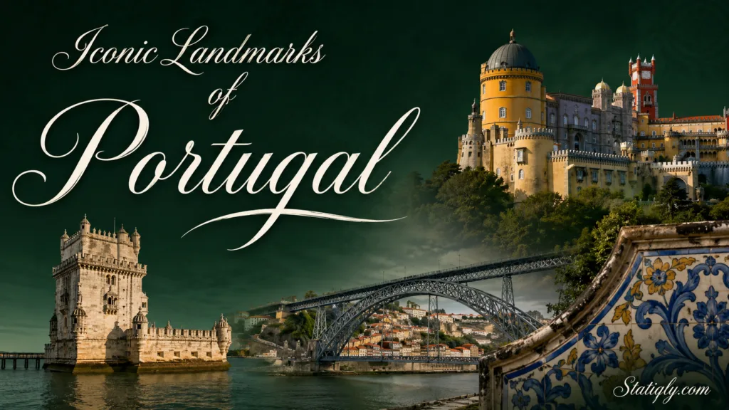 A view of Portugal's iconic landmarks including a castle, bridge, and coastal scenery at sunset.