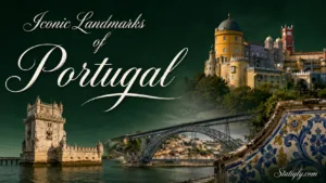A view of Portugal's iconic landmarks including a castle, bridge, and coastal scenery at sunset.