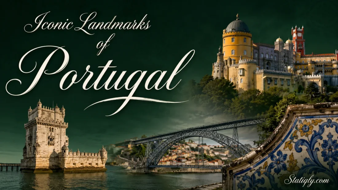 A view of Portugal's iconic landmarks including a castle, bridge, and coastal scenery at sunset.