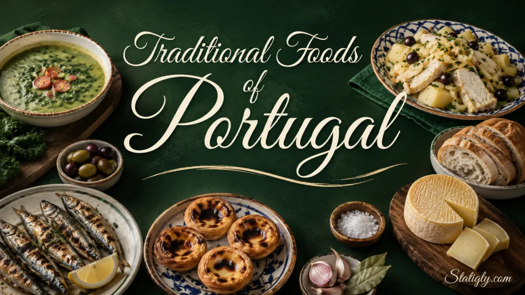 Traditional foods of Portugal featuring delicious pastries and dishes showcasing local culinary flavors.