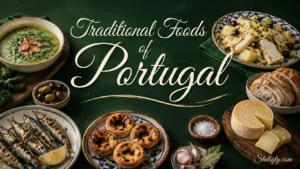 Traditional foods of Portugal featuring delicious pastries and dishes showcasing local culinary flavors.