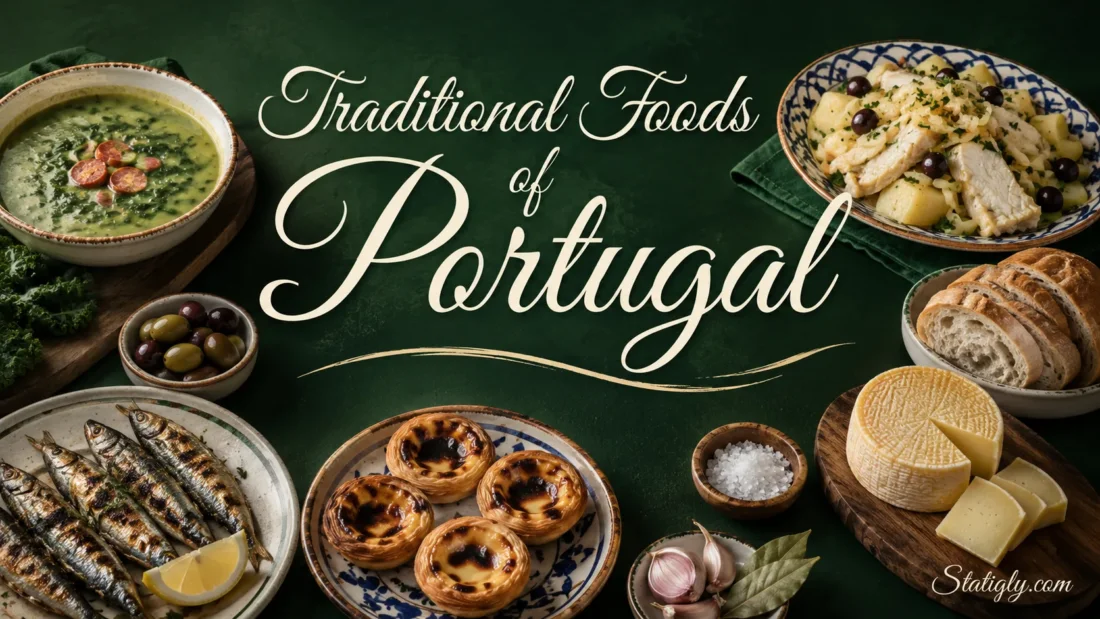 Traditional foods of Portugal featuring delicious pastries and dishes showcasing local culinary flavors.