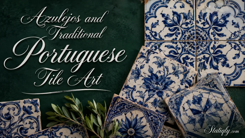 Colorful azulejos and traditional Portuguese tile art displayed on a decorative wall and furniture.