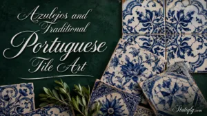 Colorful azulejos and traditional Portuguese tile art displayed on a decorative wall and furniture.