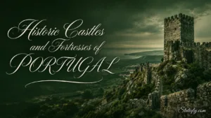 Spectacular view of historic castles and fortresses of Portugal set against lush landscapes and cloudy skies.