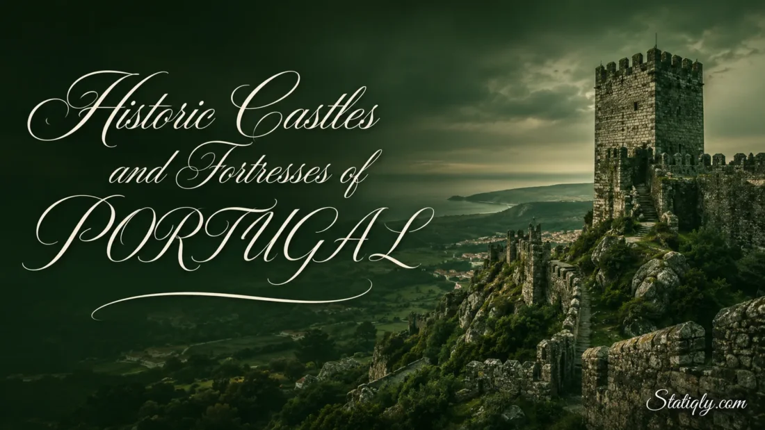 Spectacular view of historic castles and fortresses of Portugal set against lush landscapes and cloudy skies.