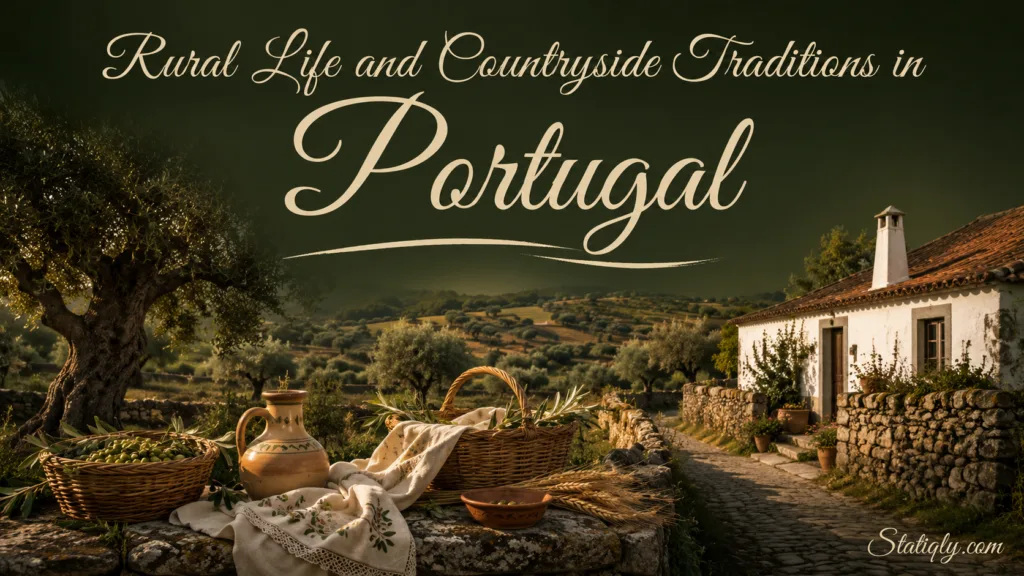 Beautiful scene of rural life and countryside traditions in Portugal with traditional houses, lush landscape, and scenic…
