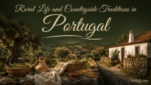 Beautiful scene of rural life and countryside traditions in Portugal with traditional houses, lush landscape, and scenic…