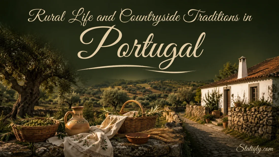 Beautiful scene of rural life and countryside traditions in Portugal with traditional houses, lush landscape, and scenic…