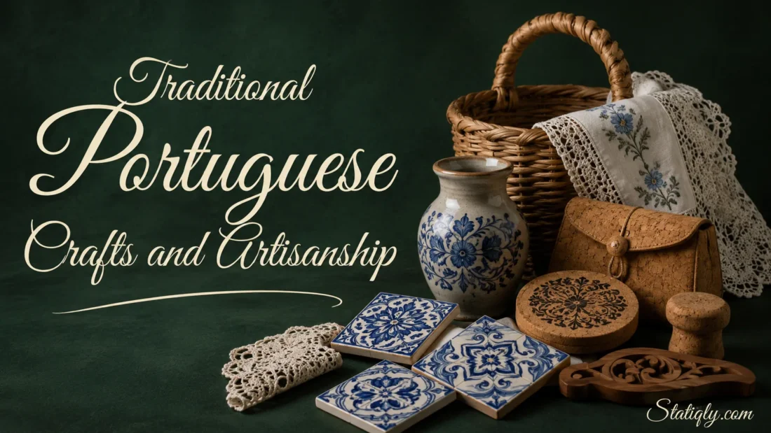 Colorful traditional Portuguese crafts and artisanship displayed with handcrafted ceramics and woven baskets.