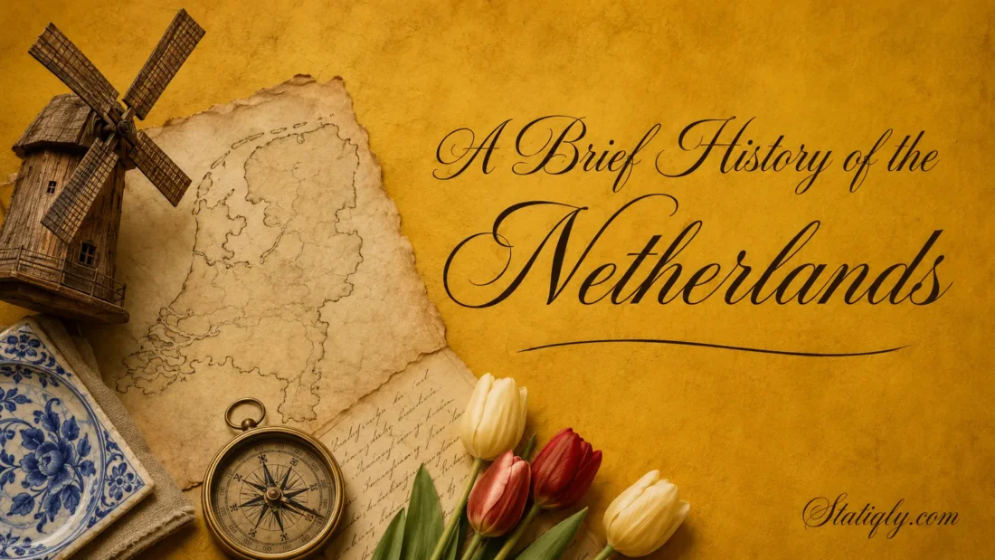 Old map and tulips celebrate the short history of the Netherlands