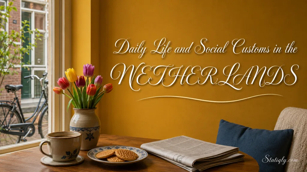 Cultural scene showing Dutch daily life and social customs, including a book and flowers on a cozy table.