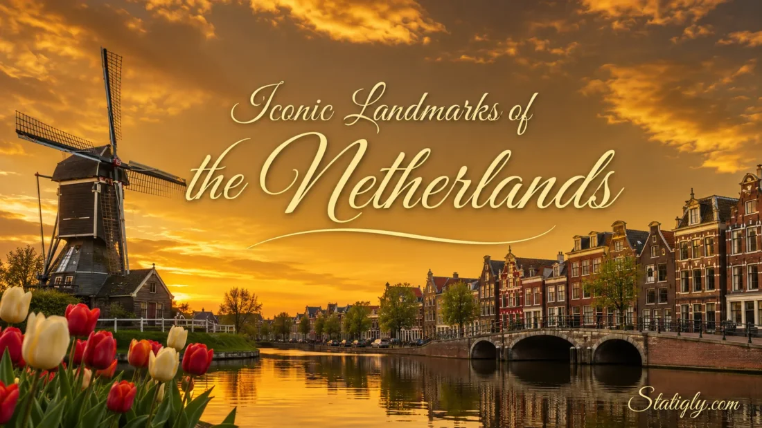 Beautiful sunset over the iconic landmarks of the Netherlands along a peaceful canal.