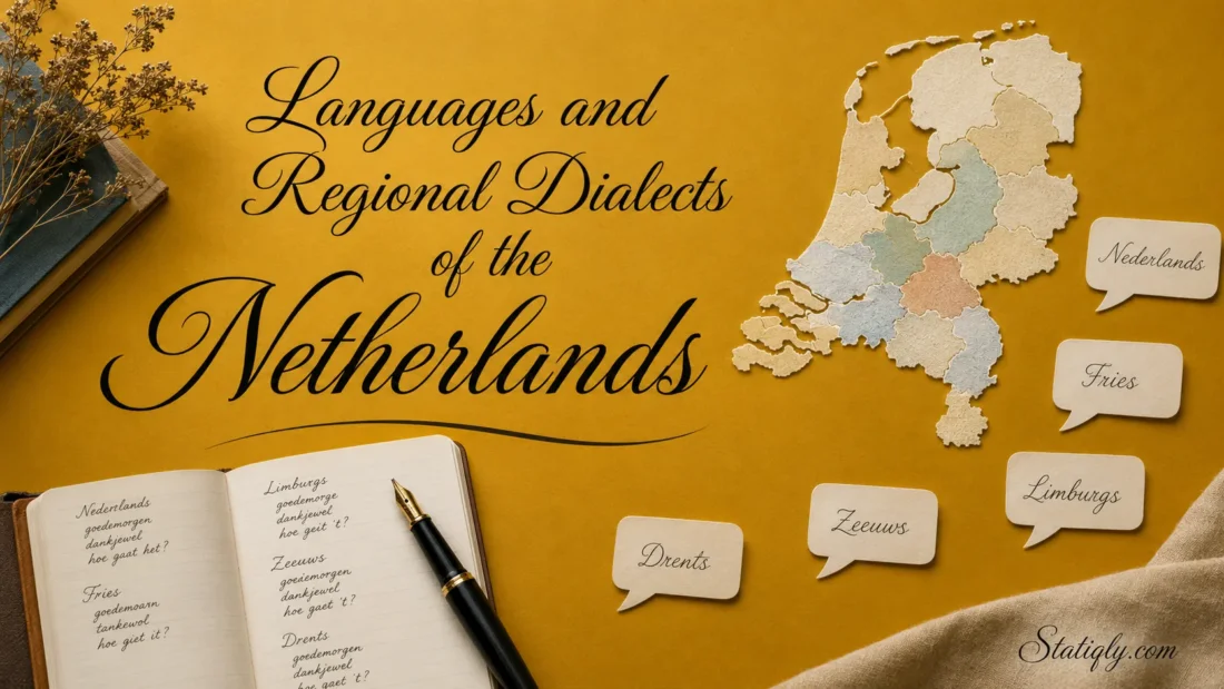 Map showing languages and regional dialects of the Netherlands with labels and explanatory speech bubbles.