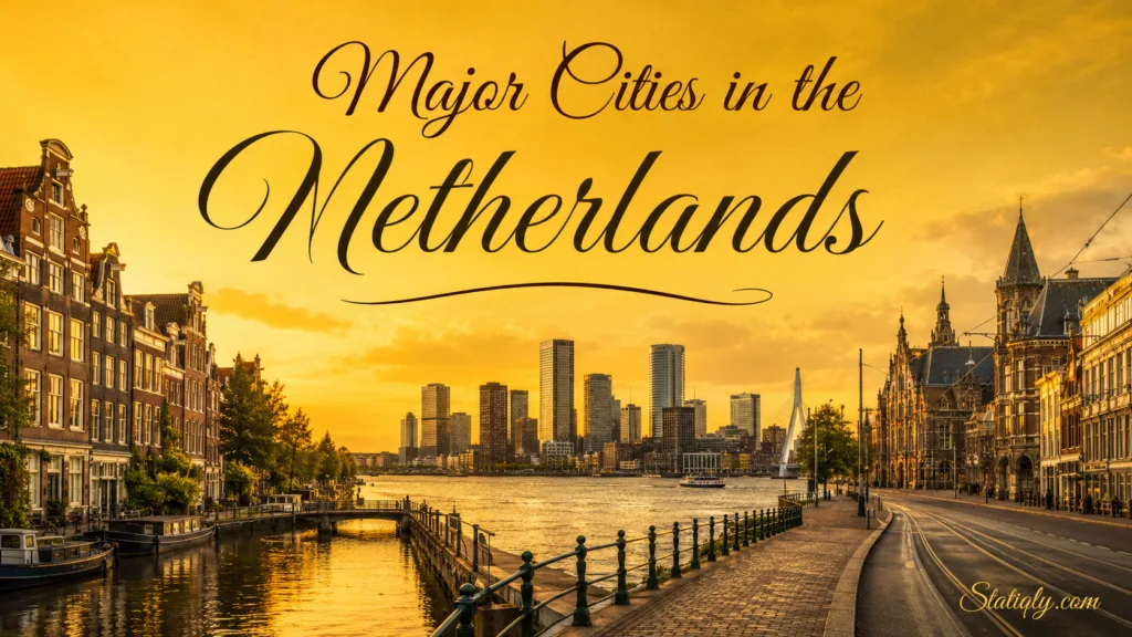 Scenic view of major cities in the Netherlands with tall buildings and a river during sunset.