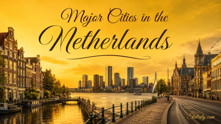Scenic view of major cities in the Netherlands with tall buildings and a river during sunset.