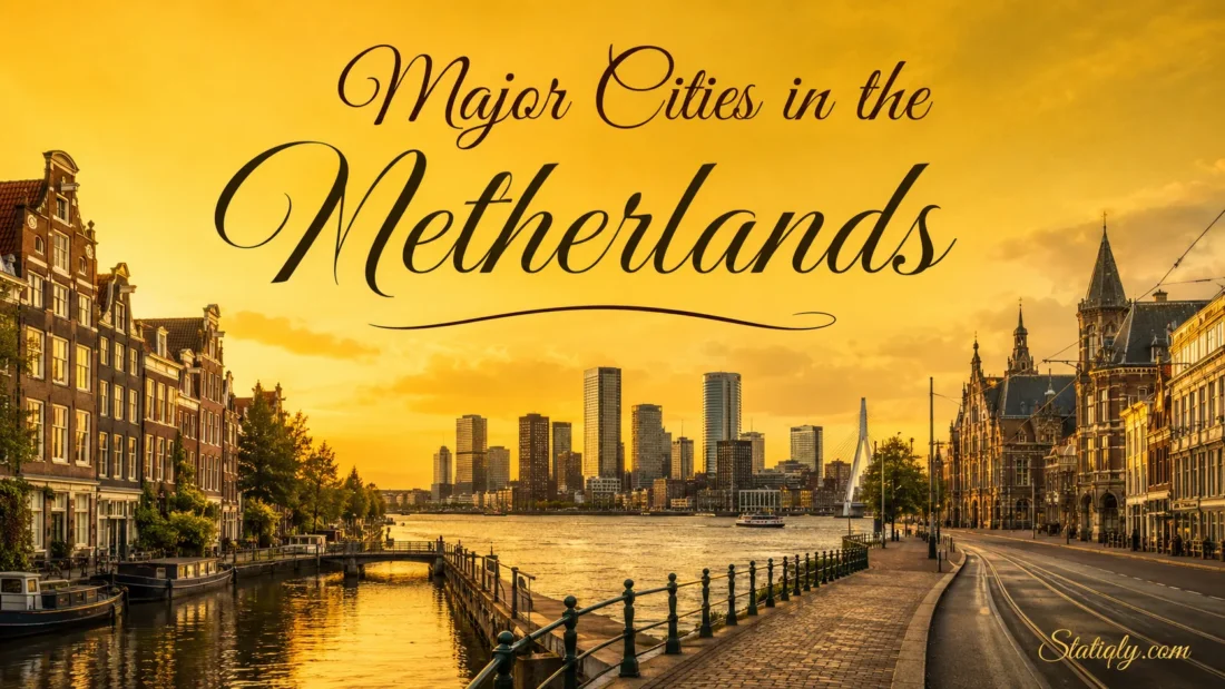 Scenic view of major cities in the Netherlands with tall buildings and a river during sunset.