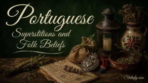Portuguese superstitions and folk beliefs shown through traditional symbols and artifacts in a cozy setting