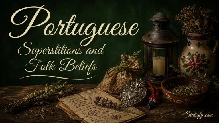 Portuguese superstitions and folk beliefs shown through traditional symbols and artifacts in a cozy setting
