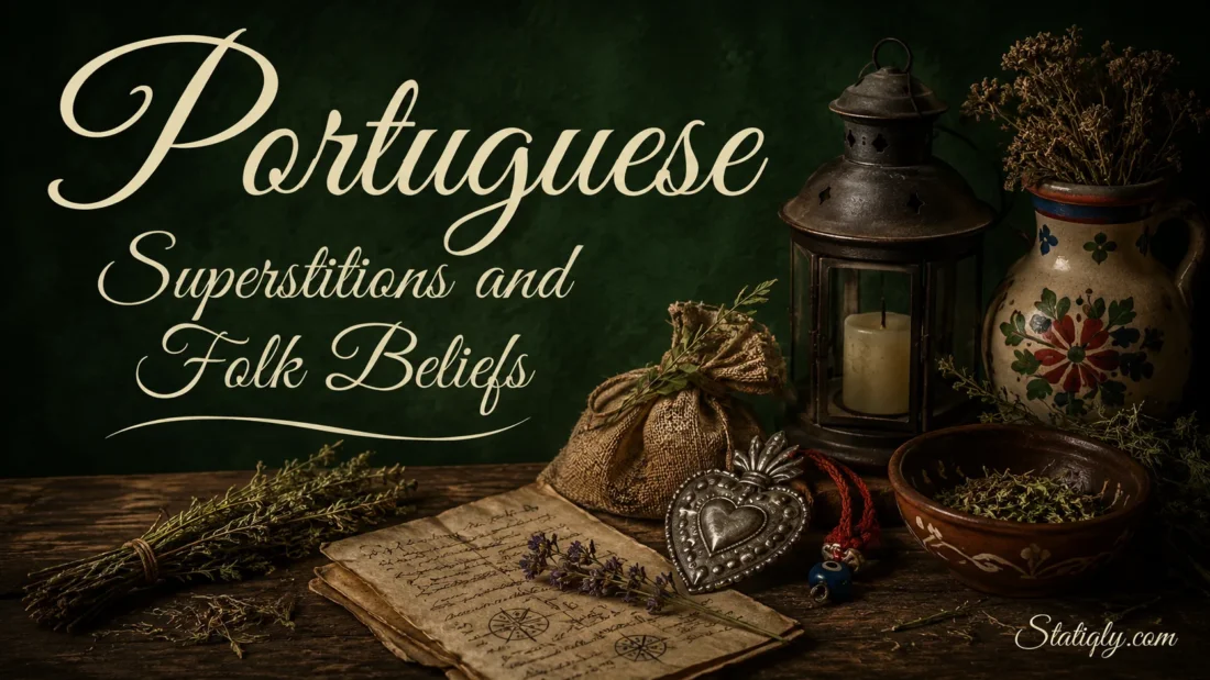 Portuguese superstitions and folk beliefs shown through traditional symbols and artifacts in a cozy setting