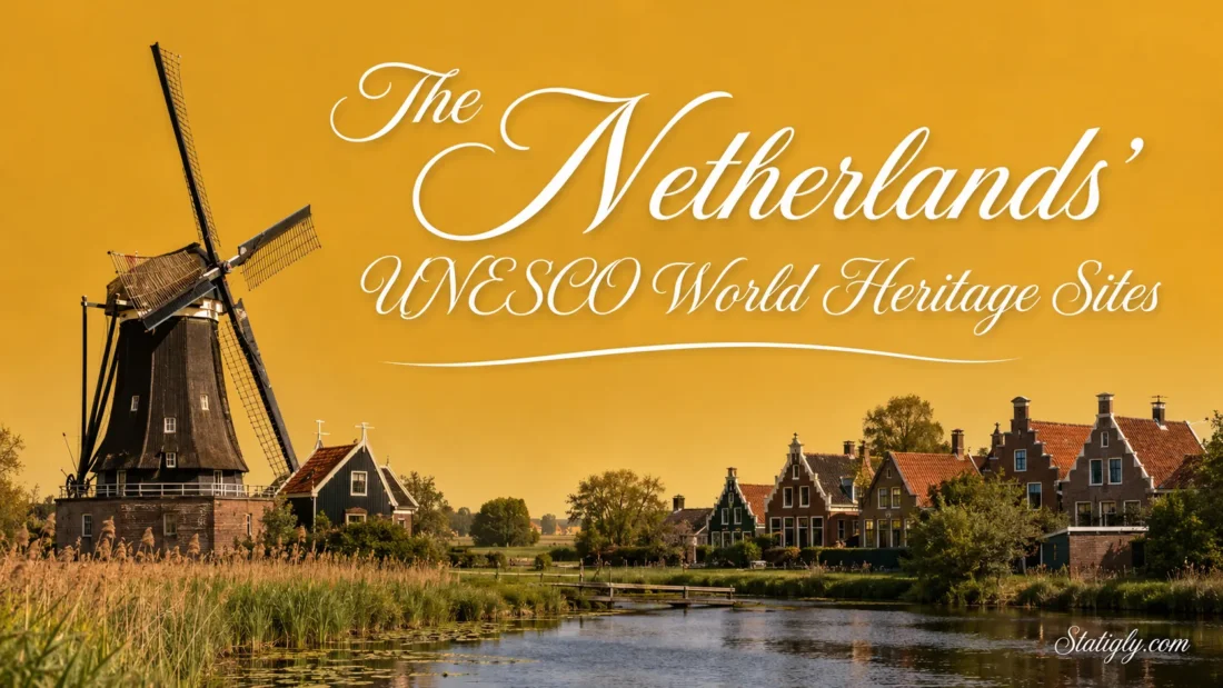 Beautiful view of the Netherlands' UNESCO World Heritage Sites along a peaceful river with charming houses and lush gree…