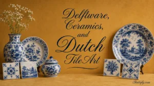 Beautiful Delftware ceramics and Dutch tile art showcase intricate blue and white patterns on a warm wooden background.