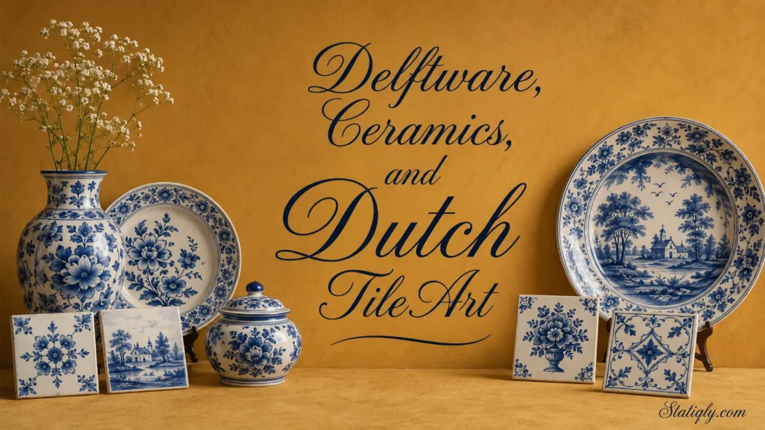 Beautiful Delftware ceramics and Dutch tile art showcase intricate blue and white patterns on a warm wooden background.