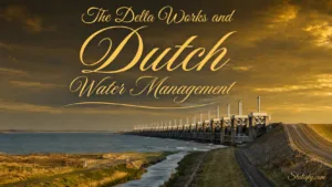 Sunset view of the Delta Works showcasing Dutch water management infrastructure and flood protection efforts.