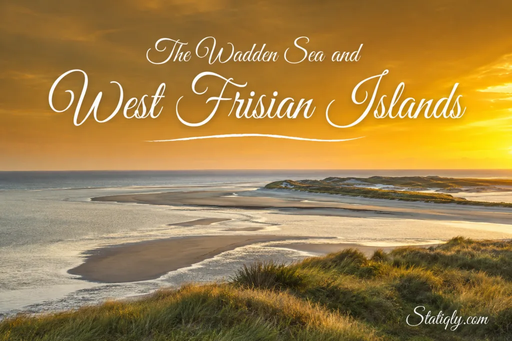 Scenic view of Wadden Sea and West Frisian Islands at sunset with sand dunes and calm waters.
