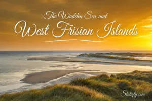 Scenic view of Wadden Sea and West Frisian Islands at sunset with sand dunes and calm waters.