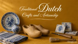 Traditional Dutch crafts and artisanship shown with wooden shoes, ceramic tiles, and handmade textiles.