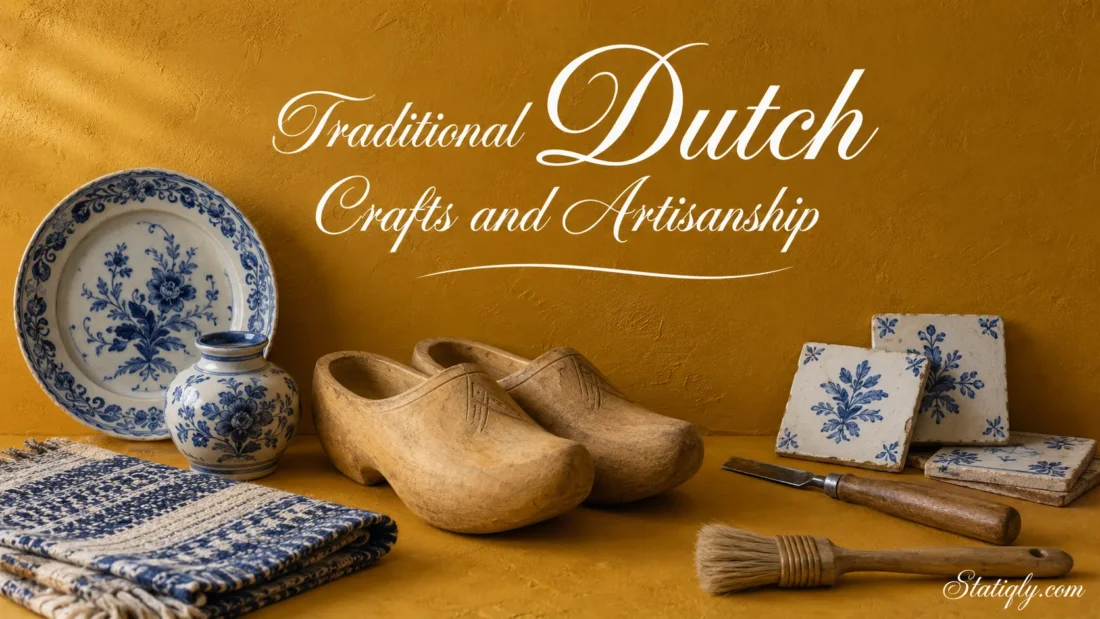 Traditional Dutch crafts and artisanship shown with wooden shoes, ceramic tiles, and handmade textiles.