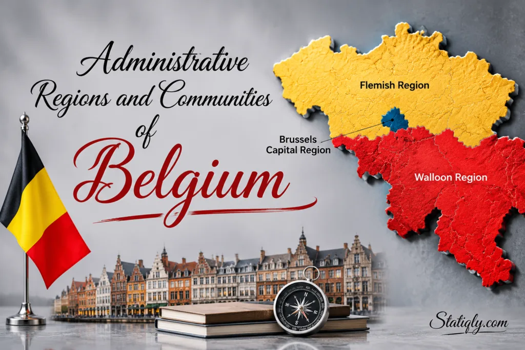 Map and images of Belgium's regions and communities with regional flags and landmarks.