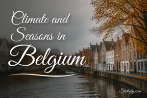 Beautiful scene of Belgium's climate and seasons with colorful autumn trees over a canal.
