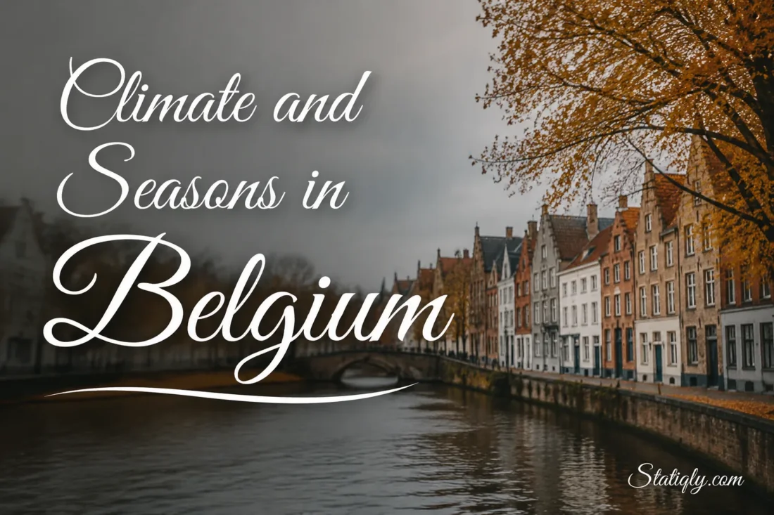 Beautiful scene of Belgium's climate and seasons with colorful autumn trees over a canal.