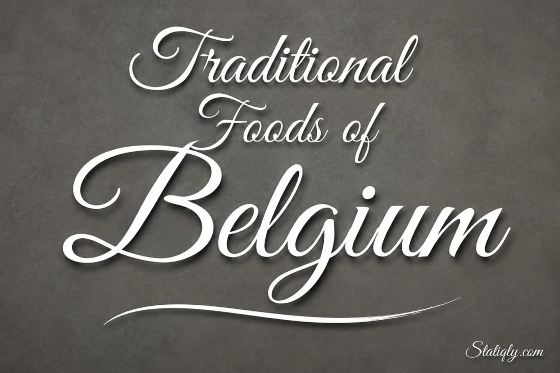 Traditional foods of Belgium are showcased on a stylish sign with elegant script and a dark background.