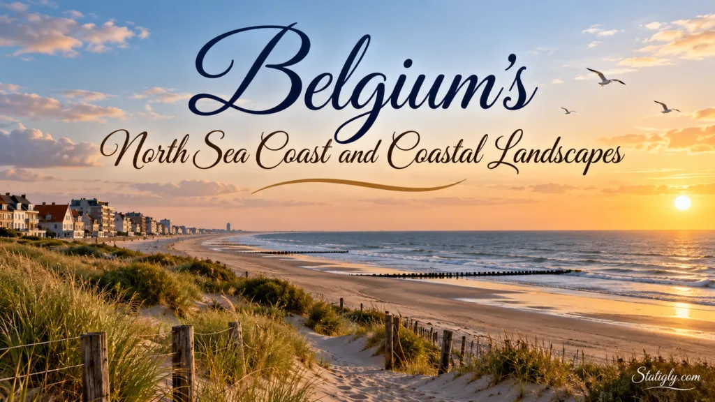 Beautiful view of Belgium's North Sea coast with sandy beaches and coastal dunes under a clear sky.