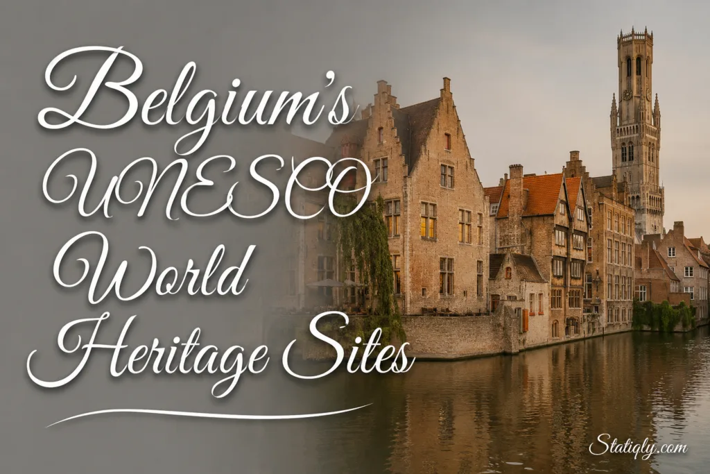 Beautiful view of Belgium's UNESCO World Heritage Sites along a canal with historic buildings.