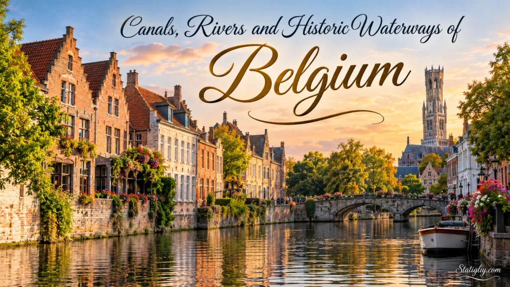 Scenic view of Belgium's historic canals and waterways reflecting colorful buildings and a peaceful atmosphere.