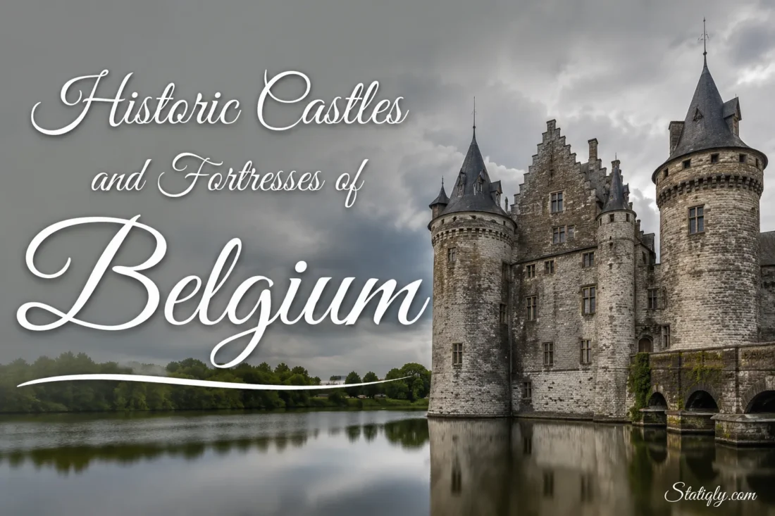 Historic castles and fortresses of Belgium sit beside a calm river with Gothic architecture and lush greenery in the bac…