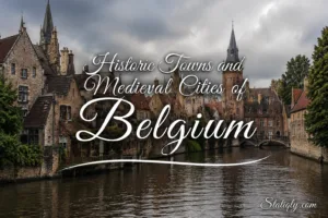 Charming view of a historic Belgian town with medieval buildings along a serene canal
